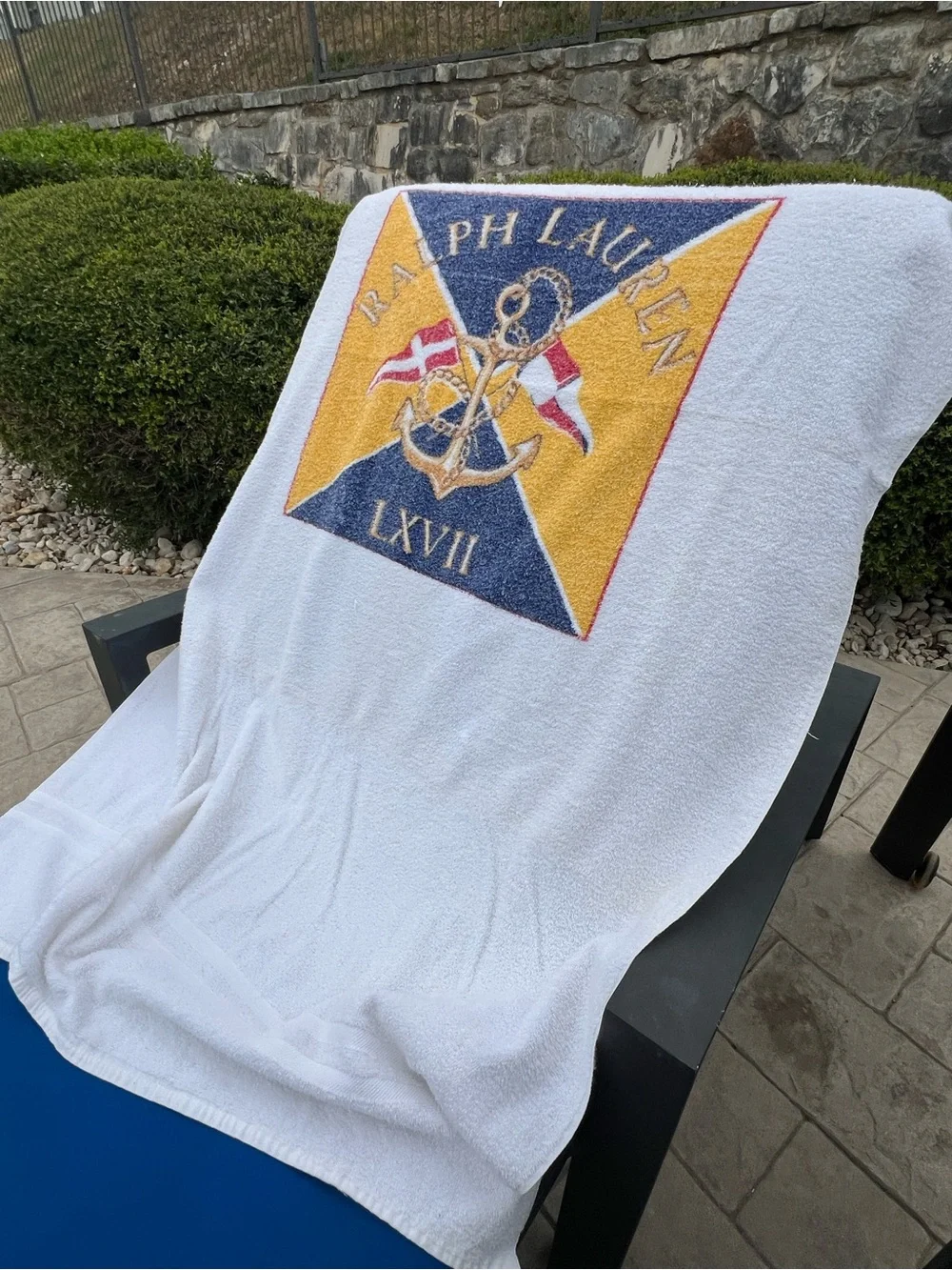 Ralph Lauren White Beach Towel with Navy and Gold Nautical Crest